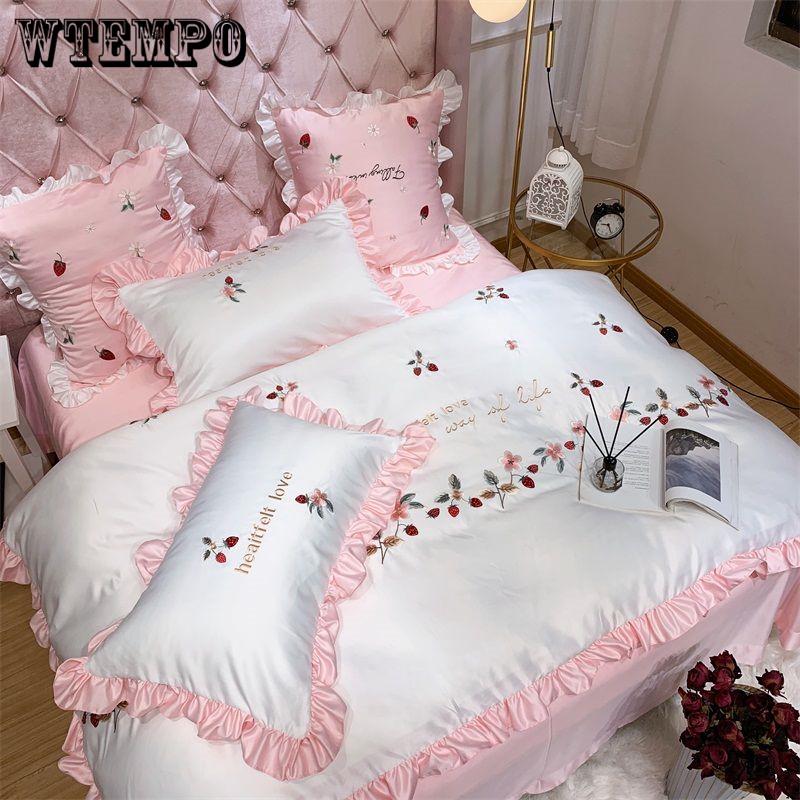 Cotton 4pcs Jacquard Silk Cotton Luxury Bedding Set King Size Queen Bedclothes Bed Skirt