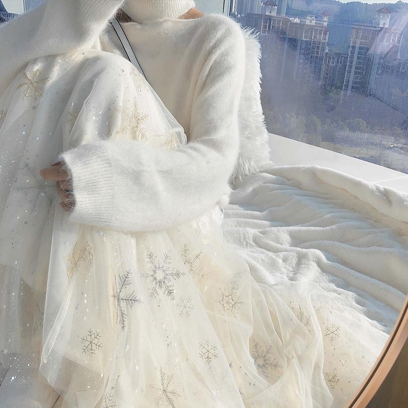 Women's Snowflake Embroidered Mesh Skirt Lace Printing Elastic Waist Princess Tutu A-line Skirt Mid-length High-waist Fairy Skirt