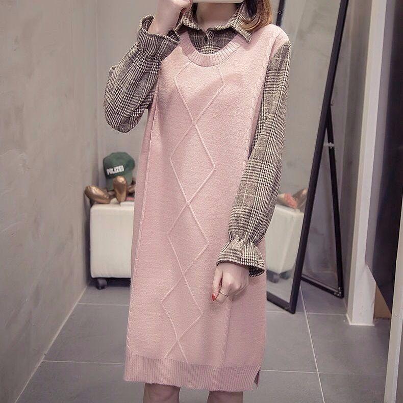 Autumn and Winter Mid-length Loose Sleeveless Sweater Pullover Fake Two-piece Knitted Skirt Bottoming Shirt