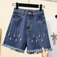 Women's Summer Large Size Pearl Raw Edge A-line Wide-leg Pants Denim Shorts Elastic Waist Casual Bead Shorts