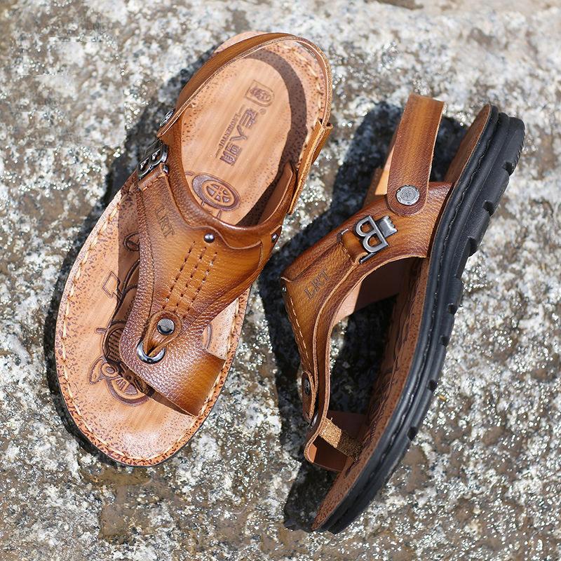 Sandals Man Flip Flops Leather Cowhide Non-slip Leisure Beach Sandals and Slippers