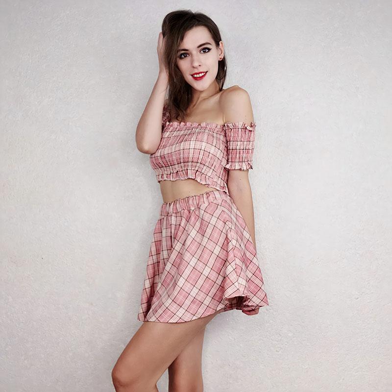 2pcs/set Women Sexy Skirt Suit Sexy Off-shoulder Crop Top + Mini Skirt  Two-piece Set Female Plaid Outfits
