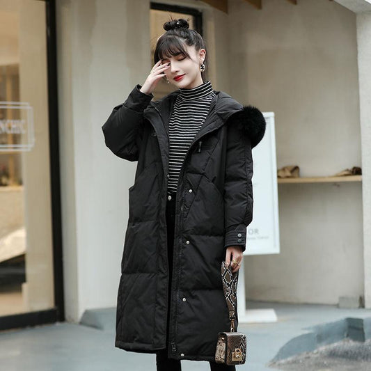 White Duck Down Jacket Women's Mid-length Winter Ins Tide Korean Version of Loose Thick Warm Hooded Big Fur Collar Jacket
