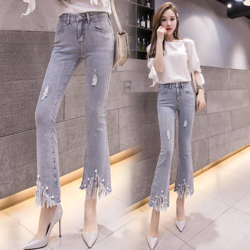 Women Denim Jeans Casual Slim Stretchy Bell-Bottom Jeans Retro Flare Pants Mid Waisted Long Trousers