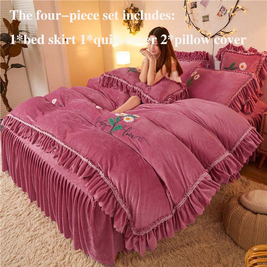 High-end Korean Version of Double-sided Milk Crystal Velvet Bed Skirt Four-piece Bed Duvet Cover Winter Thickening