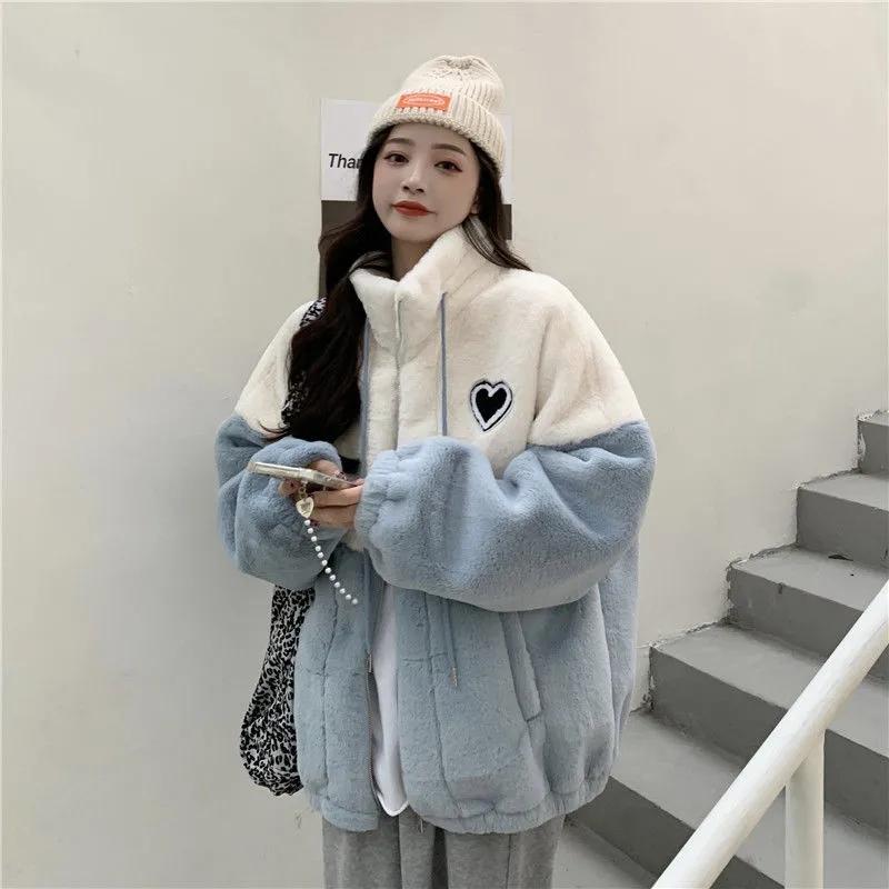 Women's Winter Lamb Wool Coat Lazy Wind Girl's Loose Cotton Coat Thick Plush Stitching Sweater Casual Warm Cotton Clothes Home Clothes Oversized Coat