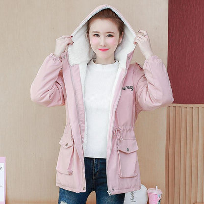 Autumn Winter Women Hooded Parka Jacket Short Thickened  Casual Loose Drawstring Windbreaker Jacket Plus Velvet Parka Coat