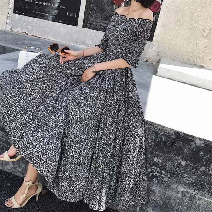 Women Off Shoulder Floral Camisole Dress Short-sleeved Long A-line Vacation Beach Dress