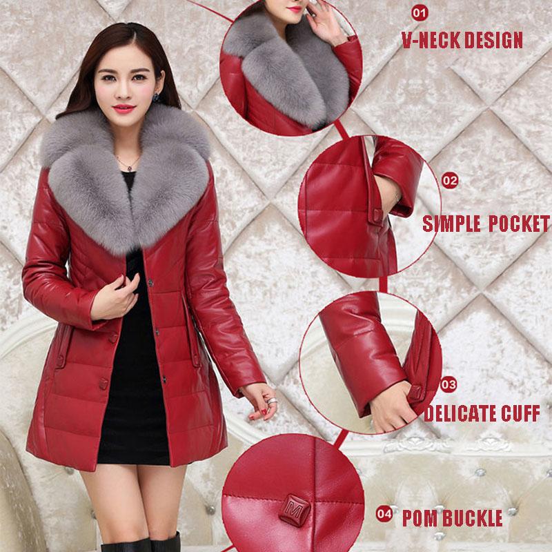 Winter Thick Leather Coat Slim Mid-length  Windproof and Waterproof Leather Jacket with Fur Collar Plus Size  Leather Trench Coat