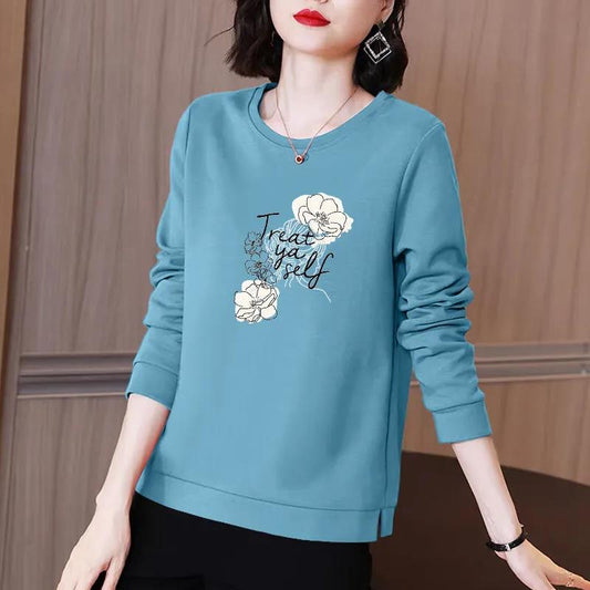 Women Cotton Pullover Double Lily Print Shirt Long Sleeve T-shirt Casual Slit Bottoming Shirt Spring