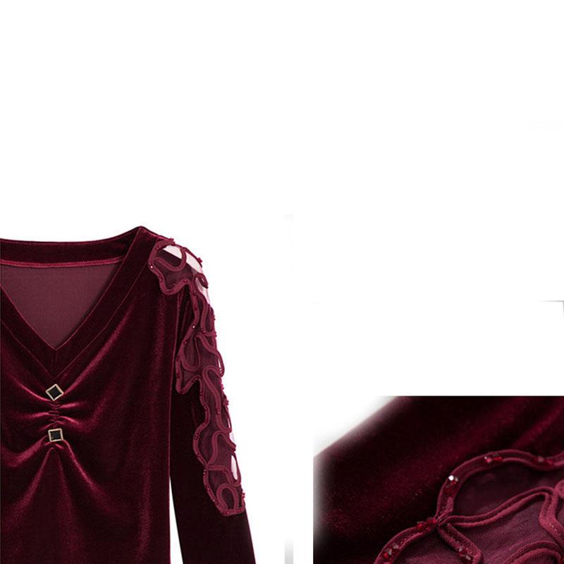 Ladies Blouse Pleuche Top Women's Autumn and Spring Lace Hollow out V-neck Long Sleeve Pullover