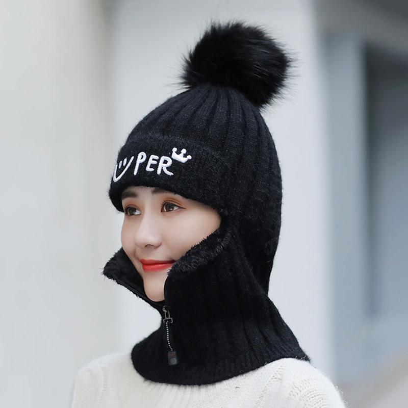 Zipper Hat Autumn and Winter Knitted Ear Protection Woolen Cap Mask Warmth and Velvet Thickening All-match Cycling Hood