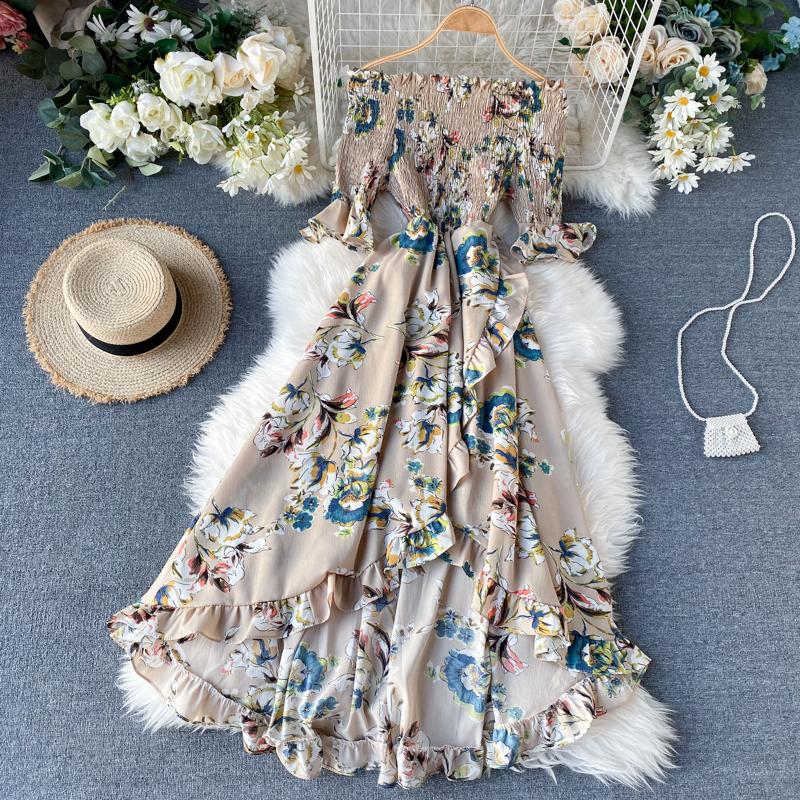 Sexy Floral Print Strapless Dress Slash Neck High Waist Half Sleeve Irregular Ruffle Dress