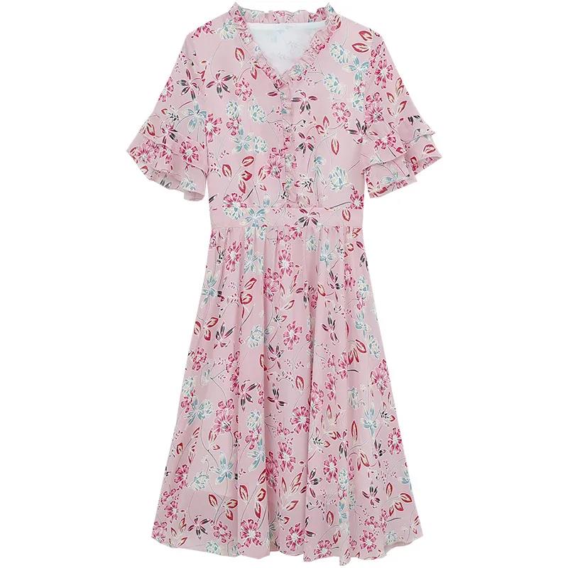 Summer Retro Chiffon Floral Dress Female Mid-length Lotus Leaf Sleeve V-neck Over-the-knee Dress