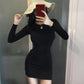 Ladies Mid-lengthTight-fitting Stretch-wrapped Hip Skirt Waist Slim Slimming Dress Sexy Long Sleeves