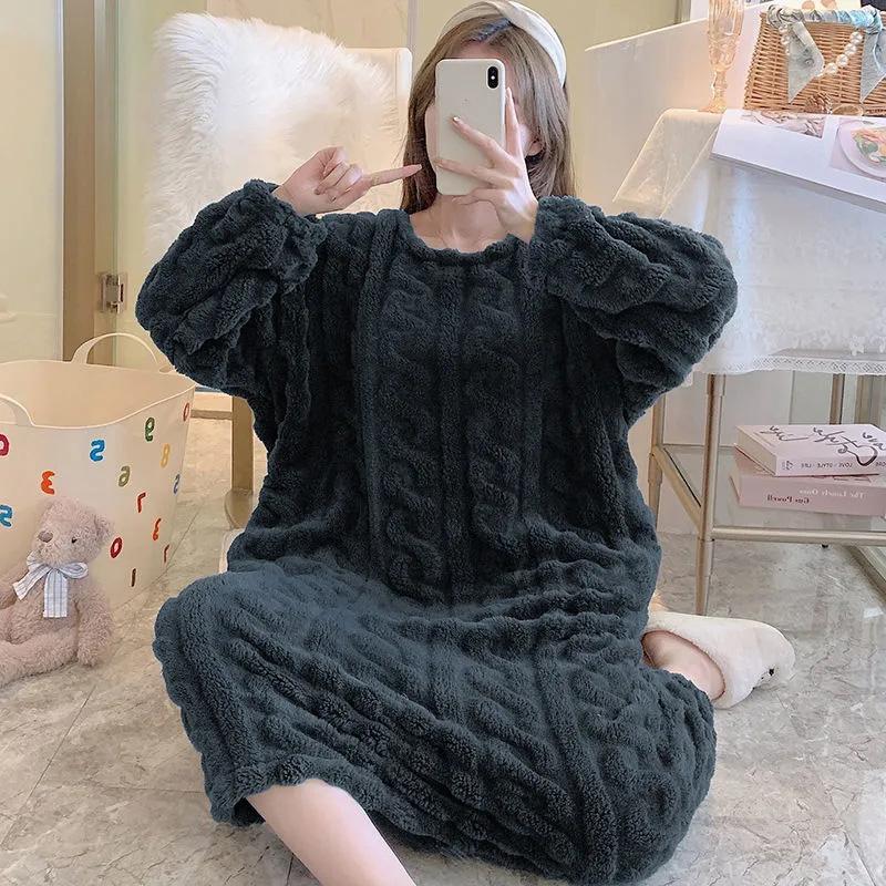 Women's Autumn Winter Thickened Coral Fleece Nightdress Large Size Loose Out Wear Warm Flannel Pajamas Solid Striped Crochet Maternity Pajamas