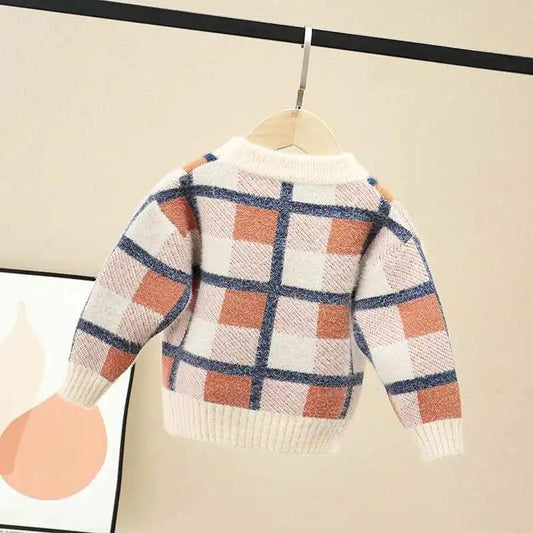 Boys and Girls Mink Velvet Sweater Autumn and Winter Children's Pullover Sweater Thick Loose Plaid Sweater