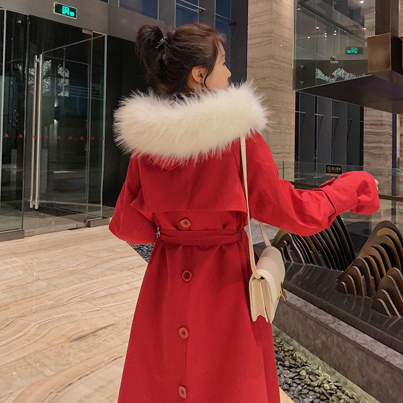 Red Cotton-padded Jacket Women's Winter Loose Waist Cotton-padded Jacket Long Over The Knee Overcoming Coat
