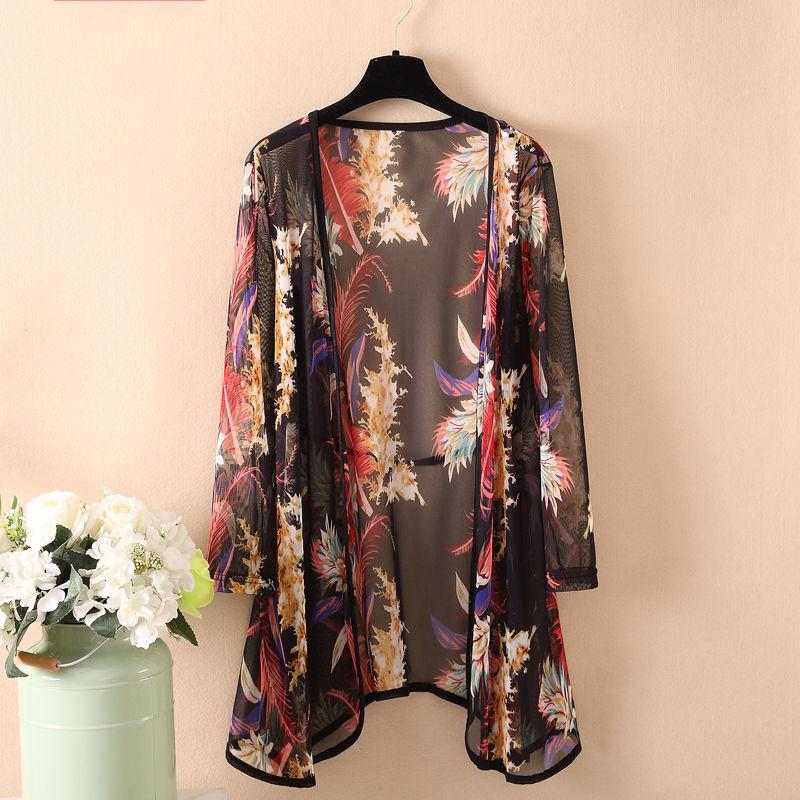 Women's 1pcs Chiffon Cardigan Sun Protection Clothing Mid-length Plus Size Loose Outer Thin Coat Beach Air-conditioned Rooms
