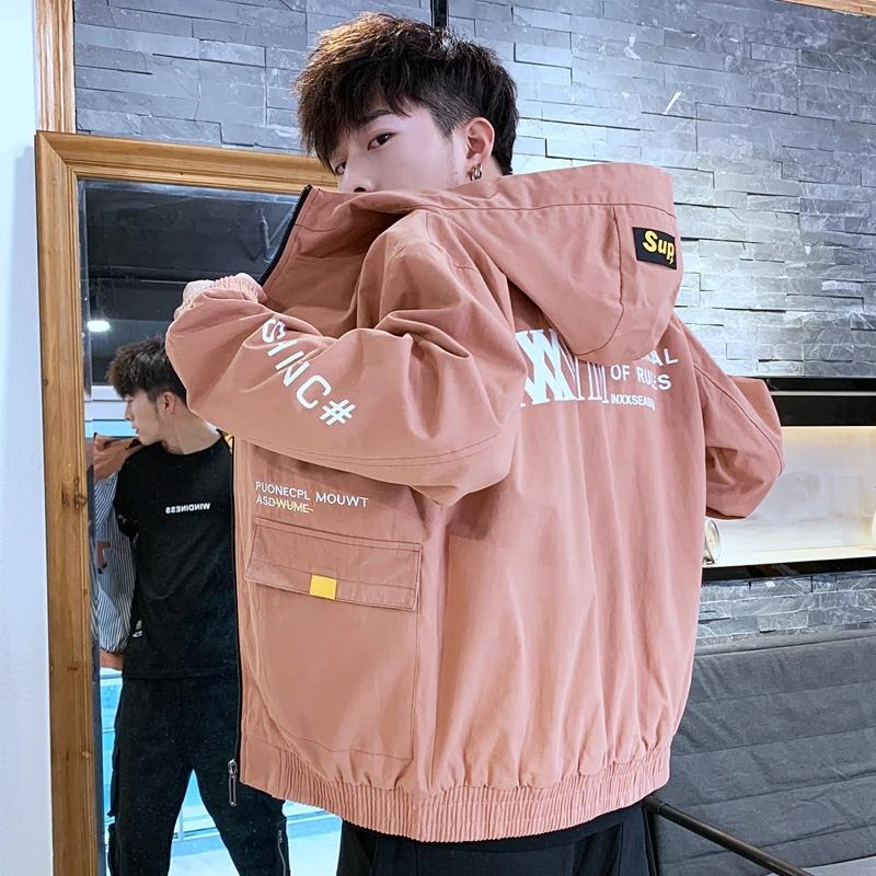 Men's Hooded Cotton Casual Jacket Spring and Autumn Zipper Jacket Korean Style Streetwear Clothes Loose Letter Printing Hood Jacket Outdoor Outfit