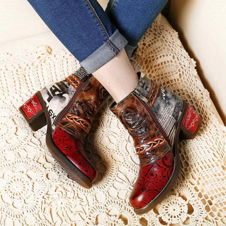 Autumn Winter Women Round Toe Boots Snake Printing Zipper Footwear Ethnic Leather Martin Boots