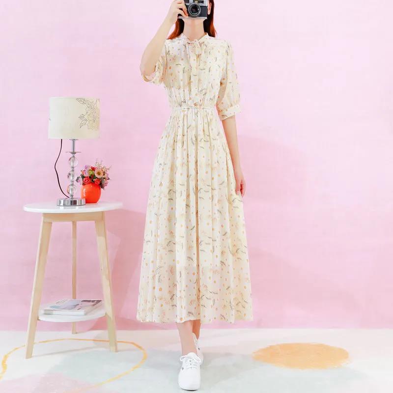 Female Vintage High Waist Super Fairy Holiday Dress Elegant Slim Chiffon Floral Print Lined Dress