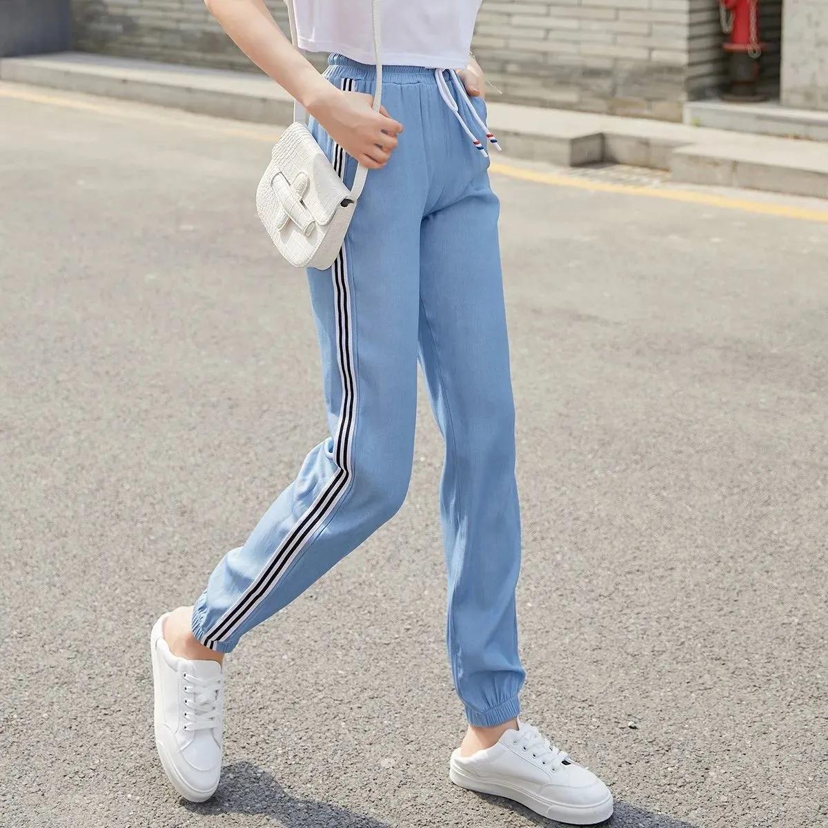 Women's Summer Thin Tencel Jeans Loose Drawstring Leggings Elastic High Waist Straight Pants Sports Casual Pants Harem Trousers Cropped pants