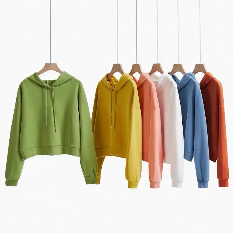 Women Hoodies Autumn Winter Long Sleeve Pullover Sweatshirt Solid Plus Size Loose Casual Cropped Tops