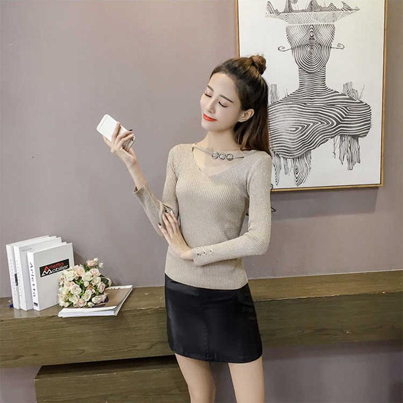 Pofulove Women's Autumn Winter Slim Long Sleeve Tight Short V-neck Sweater Bright Silk Pullover Tops