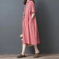 Cotton Literary Plaid Dress Women's Short-sleeved Summer Loose Large Size Was Thin Retro Mid-length Dress