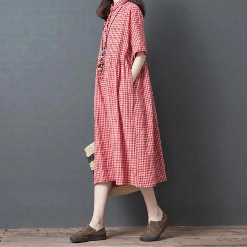 Cotton Literary Plaid Dress Women's Short-sleeved Summer Loose Large Size Was Thin Retro Mid-length Dress