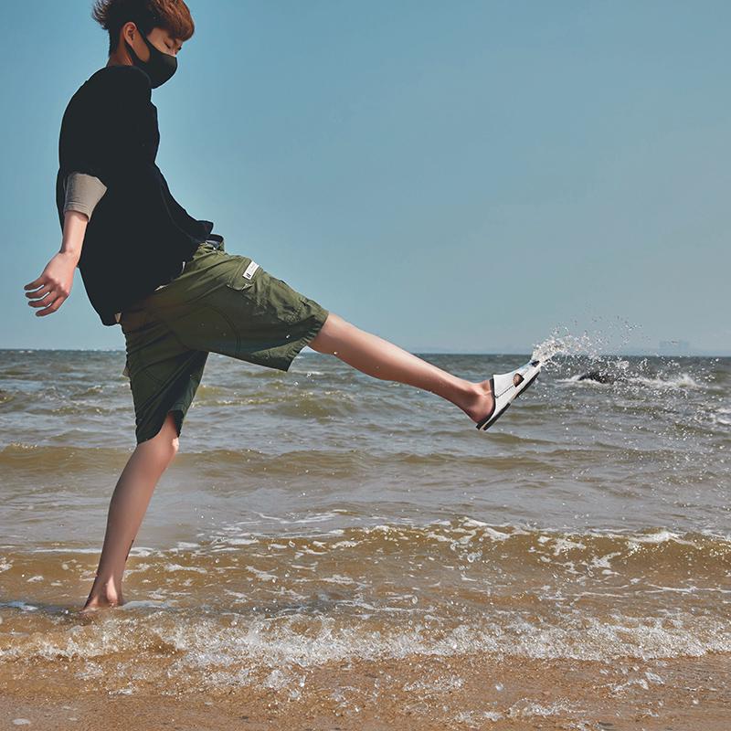 Men Sandals Beach Shoes Summer Drain Leather Wading Shoes On Surf Quick -Drying Skin Slip -On Light