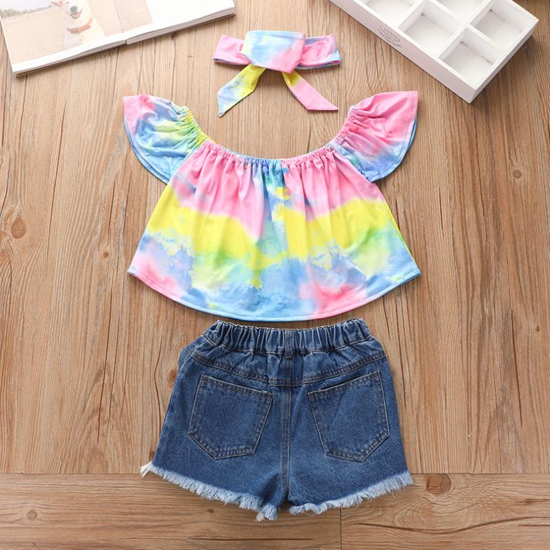 Summer Girls' Hole Shorts One Shoulder Top Denim Shorts Set Three Piece Children's Denim Shorts Suit