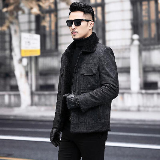 Genuine Leather Jacket Men's Jacket Plus Velvet Thickening Young and Middle-aged Fur Coat Winter Leather Jacket Large Size