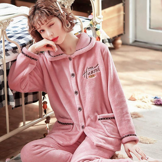 Coral Fleece Fabric Keeps Warm Soft and Thick Ladies Flannel Suit Long-sleeved Large-size Warm Home Clothes No Lint No Fading Washable