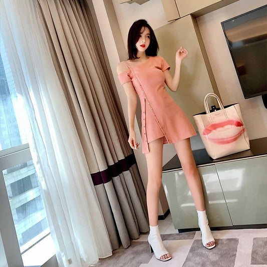 Women One-shoulder Spaghetti Strap Dress Sexy Asymmetrical Dress Summer Mini Club Dress