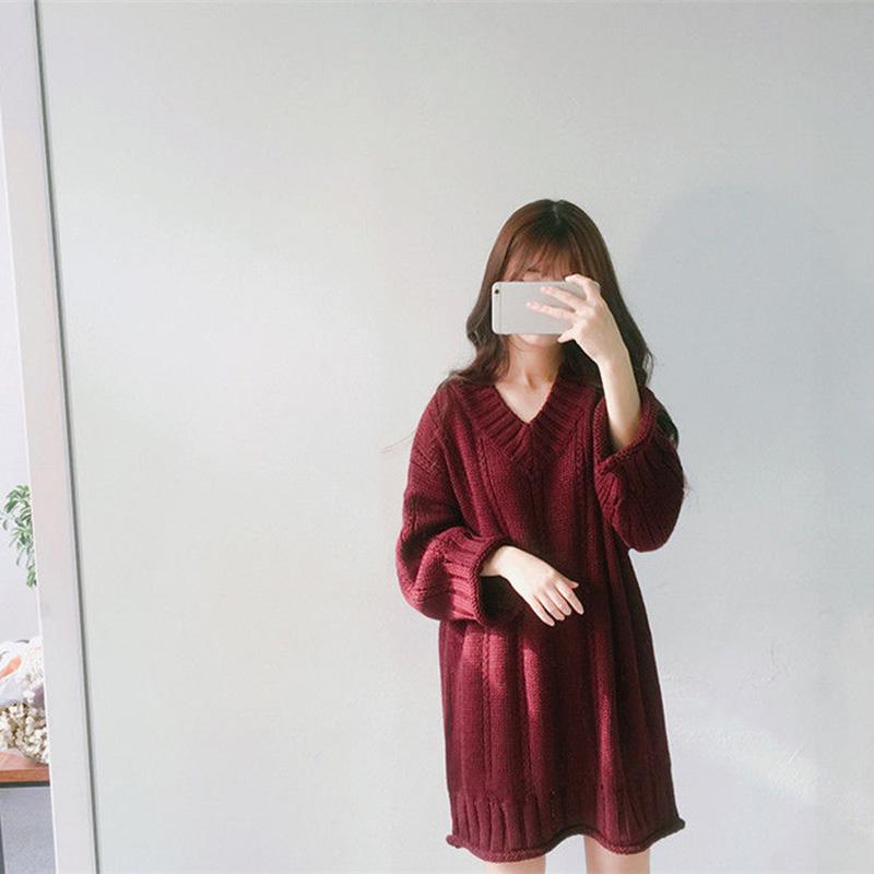 Autumn and Winter Mid-length Fashion Dress Long Sleeve V-neck Casual Sweater