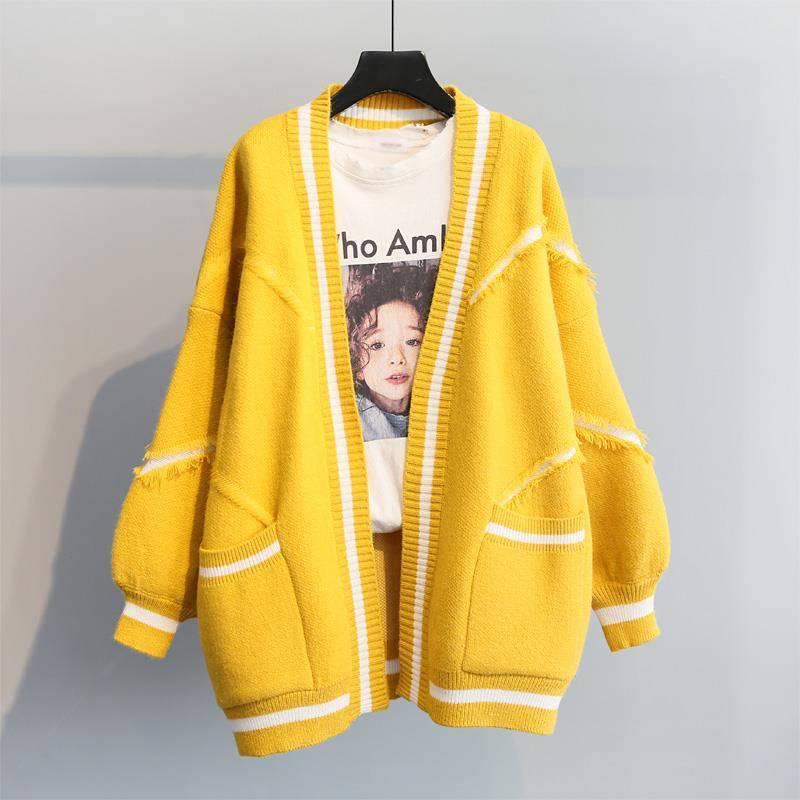 Pofulove Autumn Winter Women's Loose Alphabet Thick Knit Mid-length Sweater Cardigan Coat Women