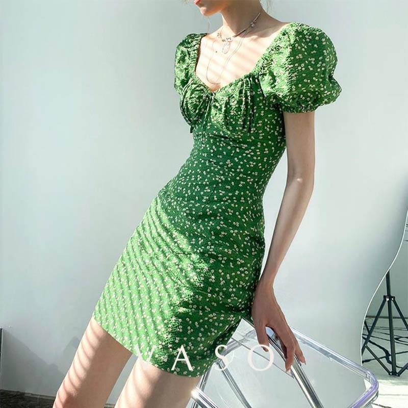 Small Sexy French Floral Dress Sweet Green Waist Skirt