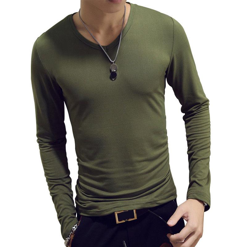Men Slim Shirts Stretch Tees Slim Pullovers Casual Bottoming T-shirt Long Sleeves Overshirt Solid Color Top V-collar Clothing