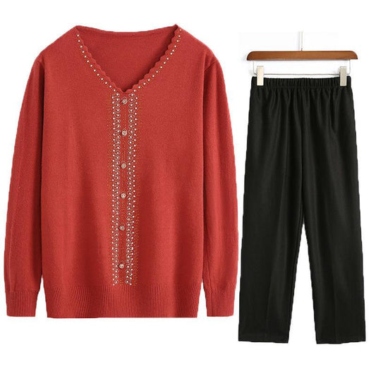 Sweater Women's Knitwear Set Mother's Wear Autumn/Winter Base Shirt Loose Plus Size Top Pants
