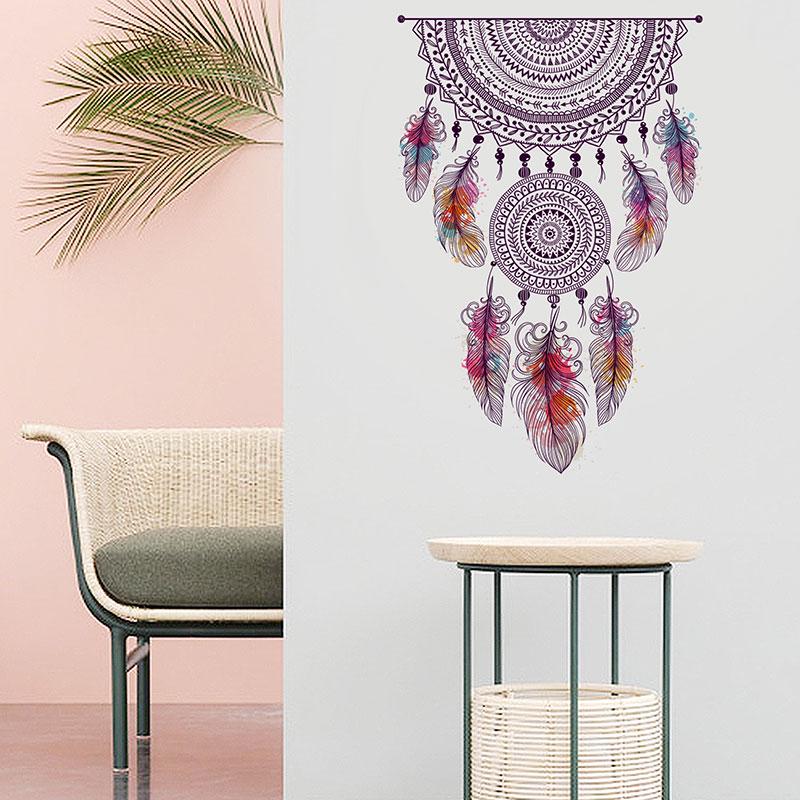Retro Style Catch Monternet Dream Catcher Colorful Feather Wall Stickers Art Design For Living Room
