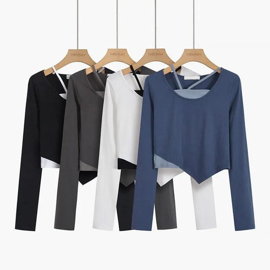 Short T-shirt Women's Spring and Autumn Irregular T-shirt Slim Long-sleeved Top