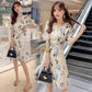 Pofulove S-4XL Women Summer Sweet Printed Chiffon Dress Slim Midi-length V-neck A-line Beach Skirt