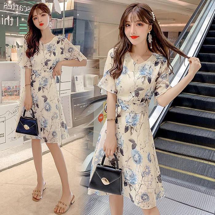 Pofulove S-4XL Women Summer Sweet Printed Chiffon Dress Slim Midi-length V-neck A-line Beach Skirt