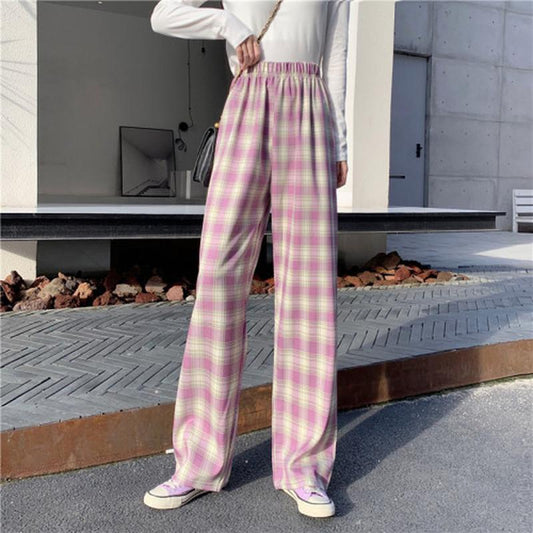 Women Wide Leg Pants 2021 Spring Summer Female High Waist Loose Casual Plaid Chiffon Pant Long Trousers Streetwear Plus Size 4XL