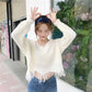 Women Fringed Zigzag Hem V Neck Sweater Drop Shoulder Ripped Pullovers Streetwear Loose Tops