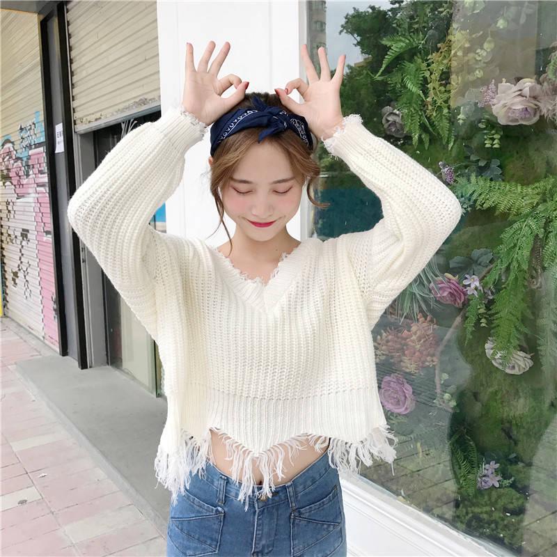 Women Fringed Zigzag Hem V Neck Sweater Drop Shoulder Ripped Pullovers Streetwear Loose Tops