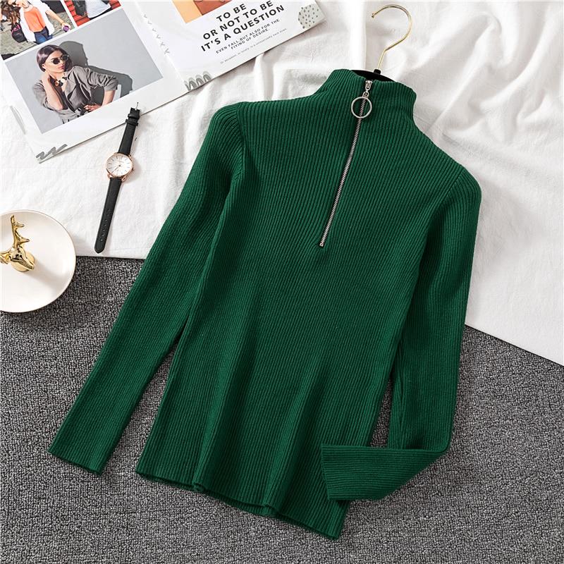 Women Half Turtleneck Knitwear Jumper Bottoming Blouse Zipper Solid Color Pullover Sweater