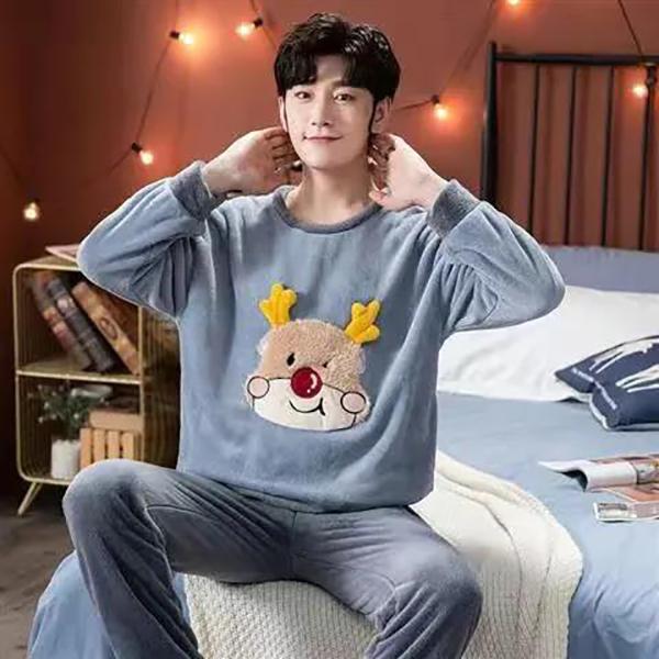 Cartoon Couple Pajamas Suit Tops and Pants Men Home Clothes Ladies Winter Cashmere Warm Homewear